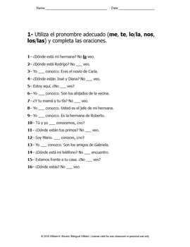 Objective pronouns exercises (me, te, lo, la, nos, los, las) | TpT