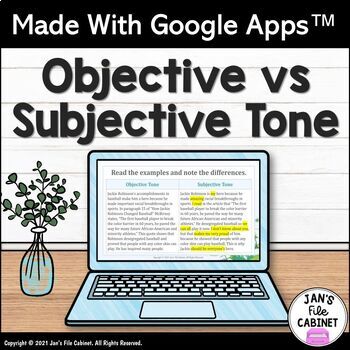 Preview of Objective vs Subjective Tone Lesson and Practice GRADES 6-8 Google Apps