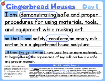 Preview of Objectives & Standards Card: Gingerbread Houses: Day 1 ► Hello Art People