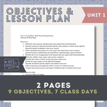Preview of Objectives and Lesson Plans - Anatomy Unit 1 Body Plan and Organization