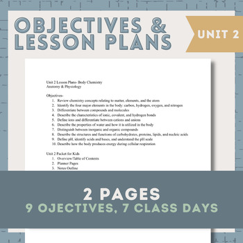 Preview of Objectives and Lesson Plans - Anatomy Unit 2 Body Chemistry