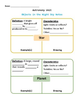 Preview of Astronomy Notes - Stars, Planets, Asteroids, Meteors - Graphic Organizer