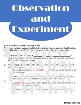 Preview of Observation and Experimental Studies - Vocabulary Worksheet/Assessment Pieces