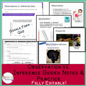 Preview of Observations vs Inferences Guided Notes w/ Practice & Quiz (Editable Bundle)