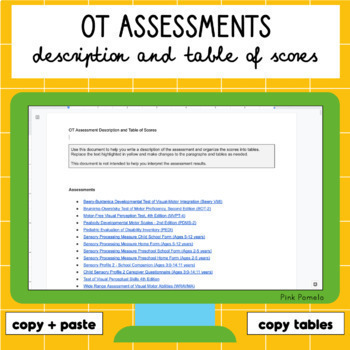 Preview of Occupational Therapy Assessment Description and Table of Scores