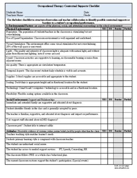 Preview of Occupational Therapy Contextual Supports Checklist ADHD Special Education 