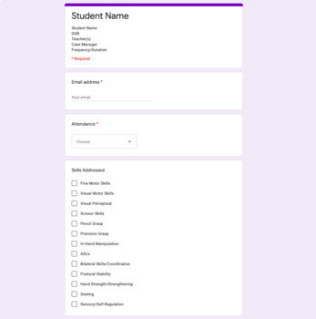 Preview of Occupational Therapy Data Form - Google Forms Daily Note Sheet | Data Collection