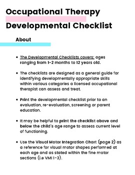 Preview of Occupational Therapy Developmental Checklist and Milestones