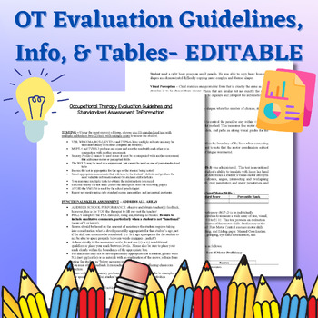 Preview of Occupational Therapy Evaluation Guidelines, Info, & Editable Tables