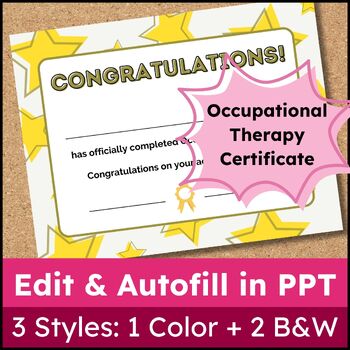 Preview of Occupational Therapy Graduation Certificate/Award - Edit & Autofill Names in PPT
