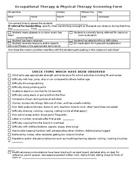 Preview of Occupational Therapy & Physical Therapy Screening Form
