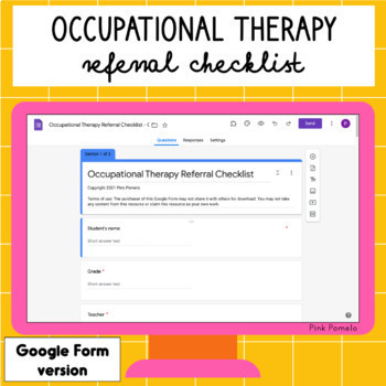 Preview of Occupational Therapy Referral Checklist - Google Form version