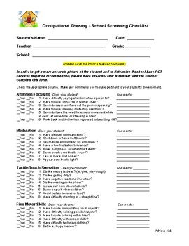 Occupational Therapy - Teacher Screening Checklist by Achieve Kids
