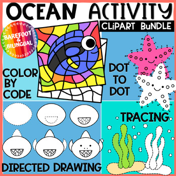 Preview of Ocean Activity Clipart Bundle - Color By, Directed Draw, Dot to Dot & Tracing