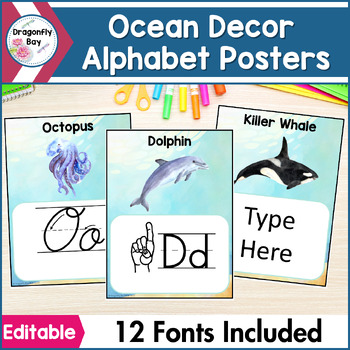 Preview of Ocean Alphabet Classroom Decor Posters in 12 Fonts EDITABLE