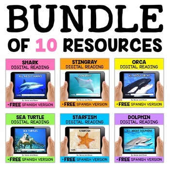 Preview of Digital Ocean Animal Reading Comprehension Activities Bundle + FREE Spanish