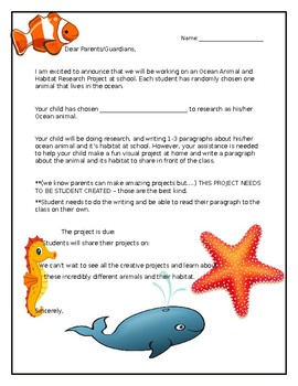 Preview of Ocean Animal Research Parent Letter