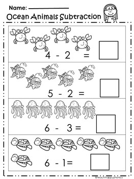 Ocean Animal Theme Math Addition and Subtraction Worksheets | TPT