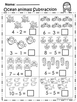 Ocean Animal Theme Math Addition and Subtraction Worksheets | TPT