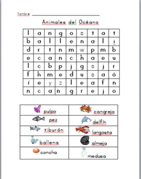 Preview of Ocean Animal Word Search with Pictures in Spanish