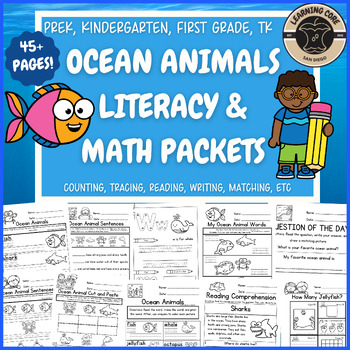 Preview of Ocean Animal Worksheets Math Literacy Writing PreK Kindergarten First TK UTK