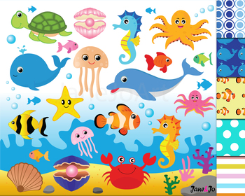 Preview of Ocean Animals Clipart,Ocean Theme,Under the Sea Clipart,Digital Paper Background