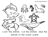 Ocean Animals Color, Cut Glue Printable Scene