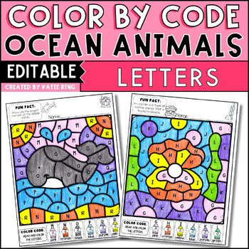 Preview of Ocean Animals Color by Letter Summer Coloring Pages Editable Activities