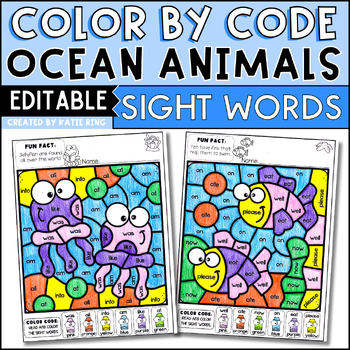Preview of Ocean Animals Color by Sight Word Practice Editable