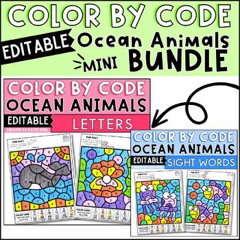 Ocean Animals Color by Sight Word and Letter Recognition Practice Editable