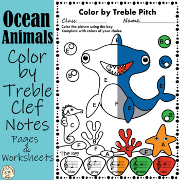 Preview of Ocean Animals Color by Treble Clef Note Names | Hybrid Learning Music