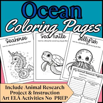 Preview of Ocean Animal Writing, Coloring Pages, and Animal Research Project, PreK to 4th