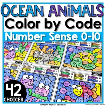 Preview of Ocean Animals Coloring Pages Math Color by Number Color by Code Activities
