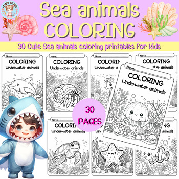 Preview of Sea Animals Coloring Pages - 30 Cute Underwater Animal Printables for Kids.