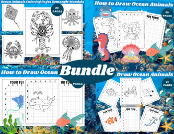 Preview of Ocean Animals Coloring Pages Zentangle Mandala/How to Draw Ocean Animals Bundle