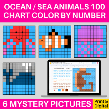 Preview of Ocean / Sea Animals Hundred 100 Chart Mystery Pictures Coloring Digital & Print