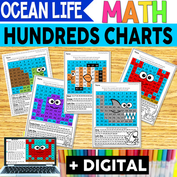 Preview of Ocean Animals - Hundreds Chart - Color by Number - With Digital Resources