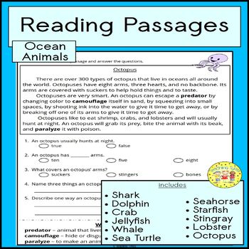 ocean animals reading passages by teaching tykes tpt