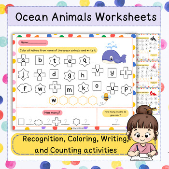 Ocean Animals Recognition, Coloring, Writing, and Counting Worksheets