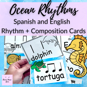 Preview of Ocean Animals Rhythm + Composition Cards in Spanish and English