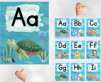 Preview of Ocean Animals Sea Turtle Mermaid Printable Alphabet Posters ABC Word Wall Cards 