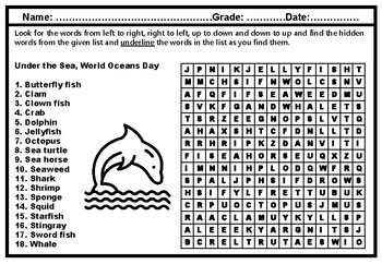 Ocean Animals, World Oceans Day Word Search Worksheet, Vocabulary Sub Plan