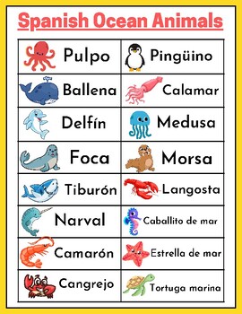 Preview of Ocean Animals in Spanish : Ward wall Vocabulary Card  - bulletin board
