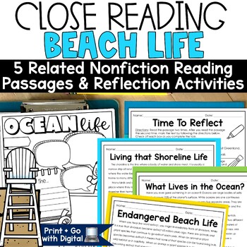 Preview of Ocean Animals Reading Comprehension Passages Summer Beach Day Poster Page