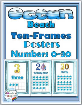 Preview of Ocean Theme Classroom Decor Ten Frame Numbers Posters 0-30