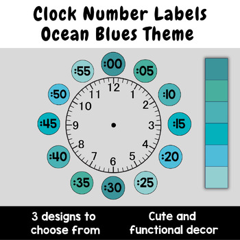 Preview of Ocean Blues Clock Number Labels | 3 Designs | Telling Time | Classroom Decor