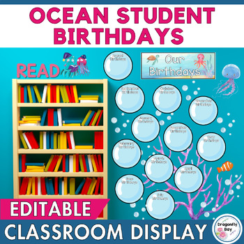 Preview of Ocean Bubbles Birthday Bulletin Board Classroom Decor EDITABLE