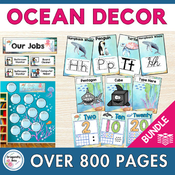 Preview of Ocean Classroom Organization and Decor EDITABLE BUNDLE for Back to School