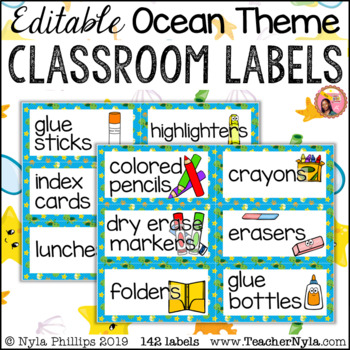 Preview of Ocean Classroom Supply Labels with Pictures - Editable