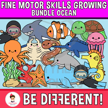 Preview of Ocean Clipart Fine Motor Skills Growing Bundle Tracing Cutting